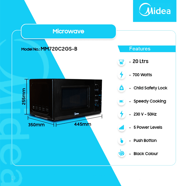 MIDEA 20LTR SOLO MICROWAVE MM720C2GS-B - FACTORY DIRECT GH